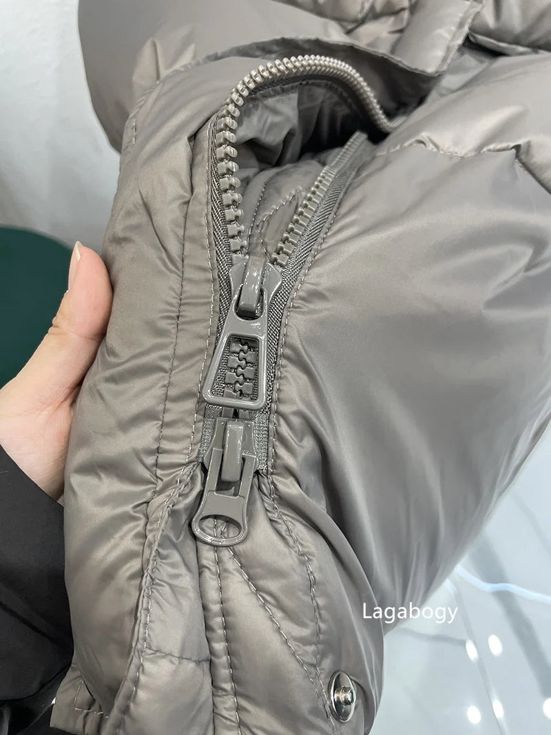 Lagabogy 2025 New Winter Women Puffer Jacket Female White Duck Down Coat Large Version of Warm Hooded Loose Thickened Long Parka