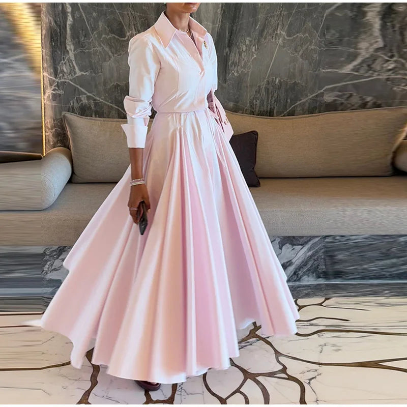 Elegant Single Breasted Khaki Long Dress Women Lapel Short Sleeve Pleat Slim Waist A-line Dresses 2025 Summer Autumn Lady Robes