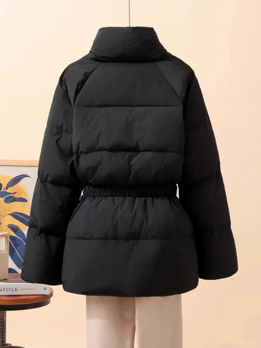 Schinteon Women White Duck Down Jacket Casual Loose Belt V-neck Collar Fashion Autumn Winter Outwear Korean Style Coat 2025 New