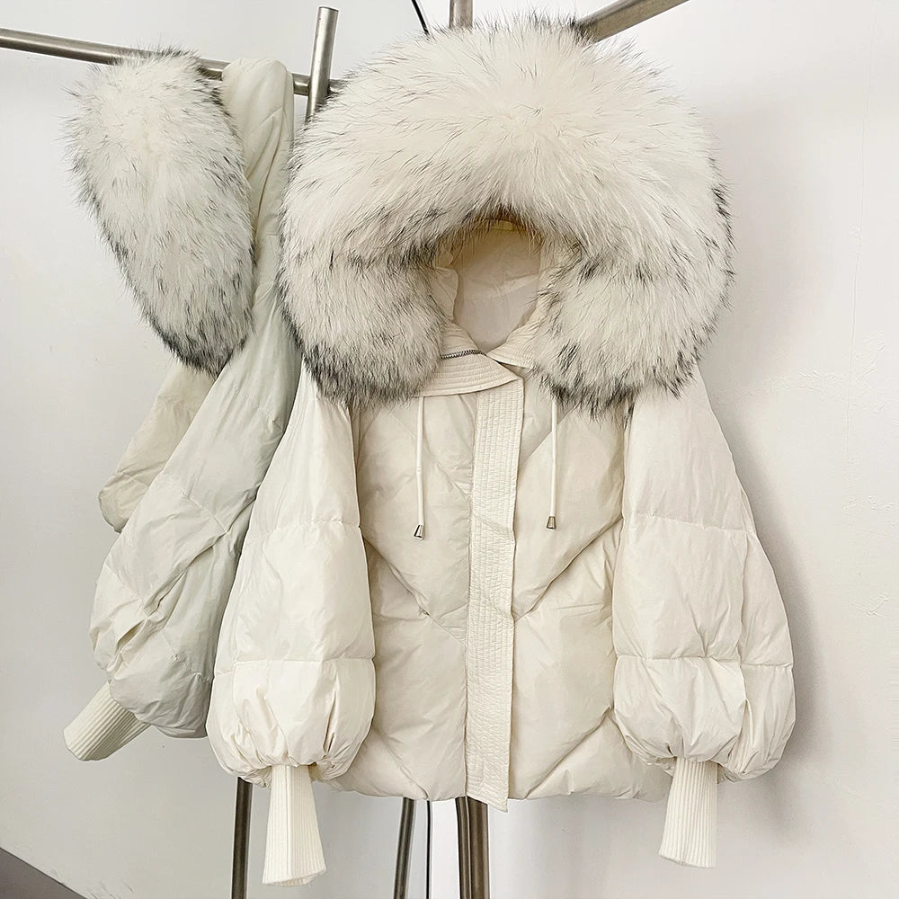 Duck Down Coat Women Winter Real Fox Fur Raccoon Fur Collar Hooded Down Jacket Detachable Thick Warm Loose Streetwear Outerwear