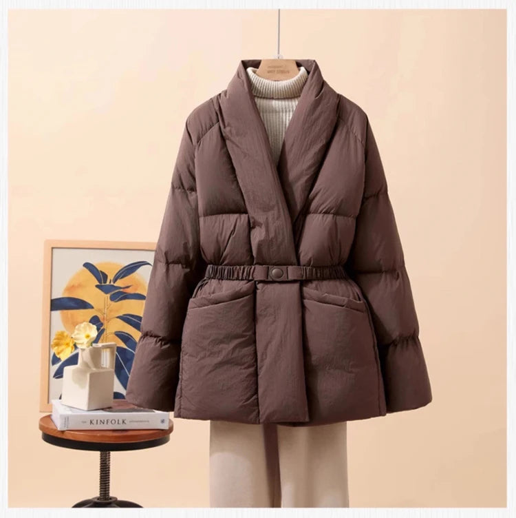 Schinteon Women White Duck Down Jacket Casual Loose Belt V-neck Collar Fashion Autumn Winter Outwear Korean Style Coat 2025 New