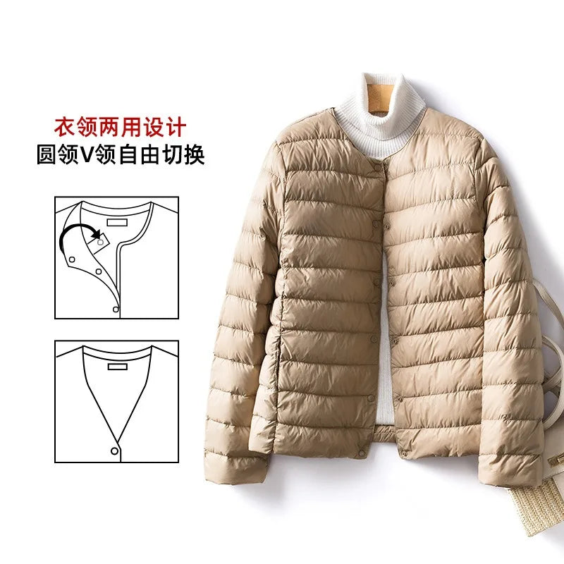 Light Down Coat Women Liner Duck Down Jacket O-neck Variable V-neck New Female Winter Collarless Ultralight Quilted Puffer Coat