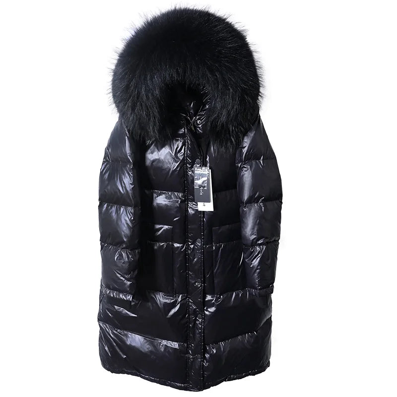 Maomaokong 2022 Women Winter Black Loose Long Down Jacket  Real Fox Fur Collar Hooded Fashion Waterproof Female Extra Large Coat