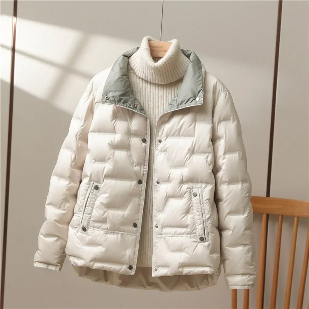 Casual Lapel Single Breasted Jacket Fashion Light Puffer Parka Outwear 2024 New Autumn Winter Women White Duck Down Coat