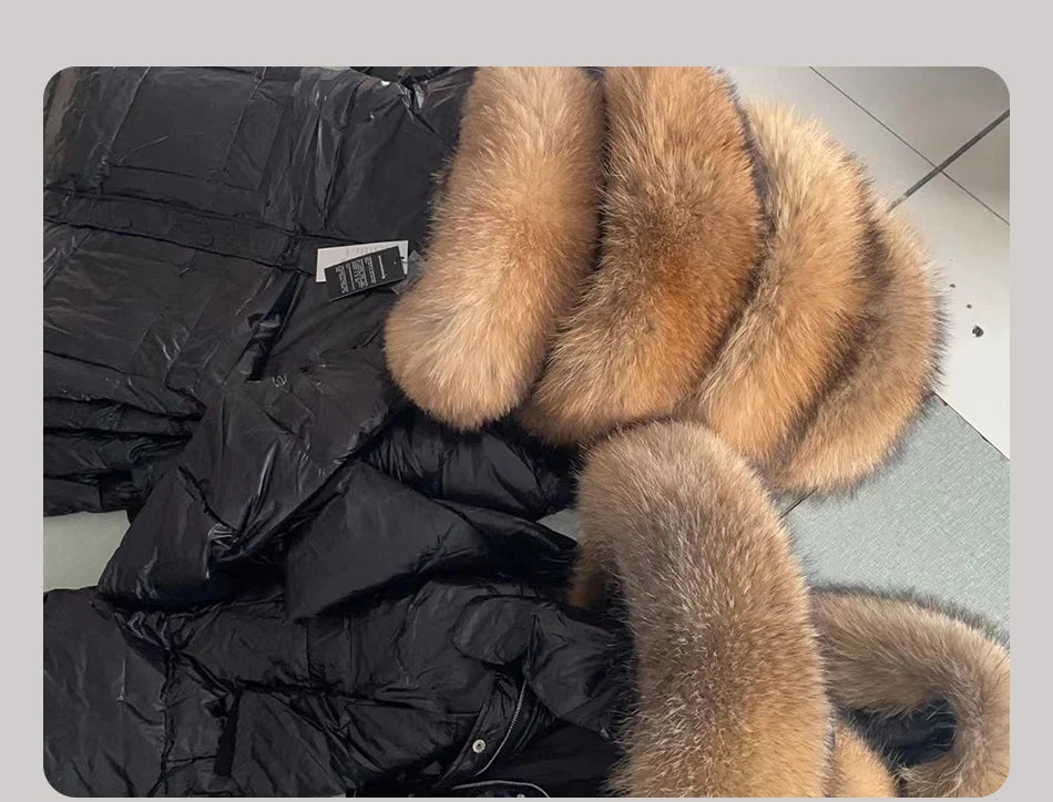 Maomaokong 2022 Women Winter Black Loose Long Down Jacket  Real Fox Fur Collar Hooded Fashion Waterproof Female Extra Large Coat