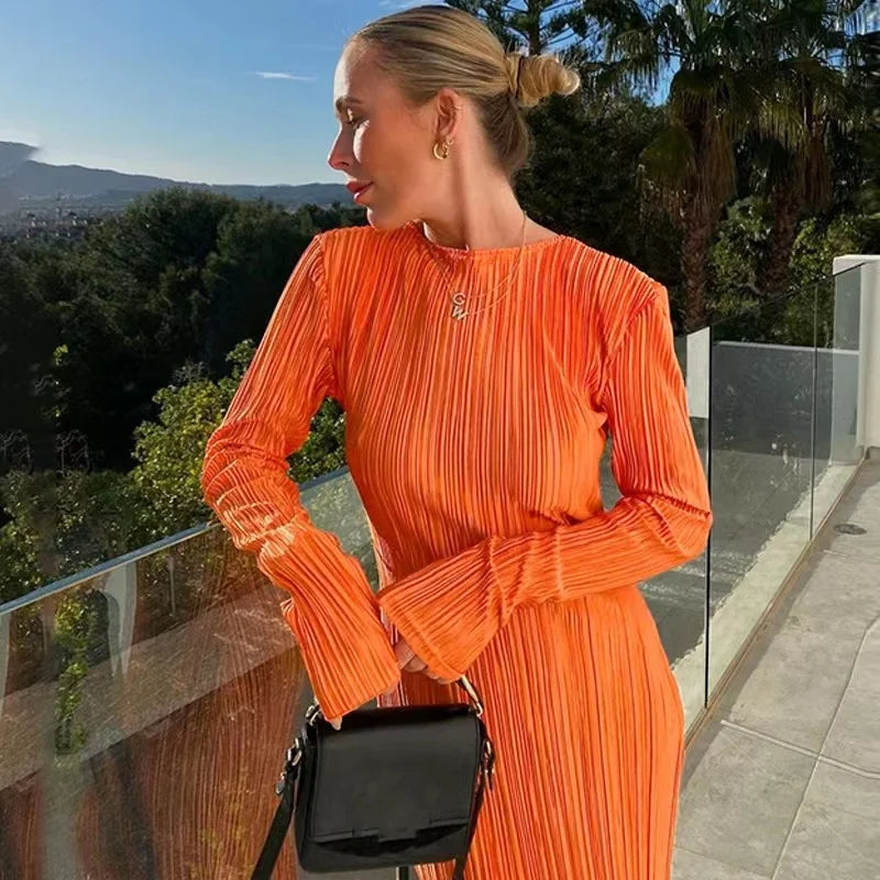 2024 Autumn Elegant Bodycon Dress Women Sexy Solid O Neck Flare Sleeves Long Summer Dresses Holiday Vestidos Black Red Orange