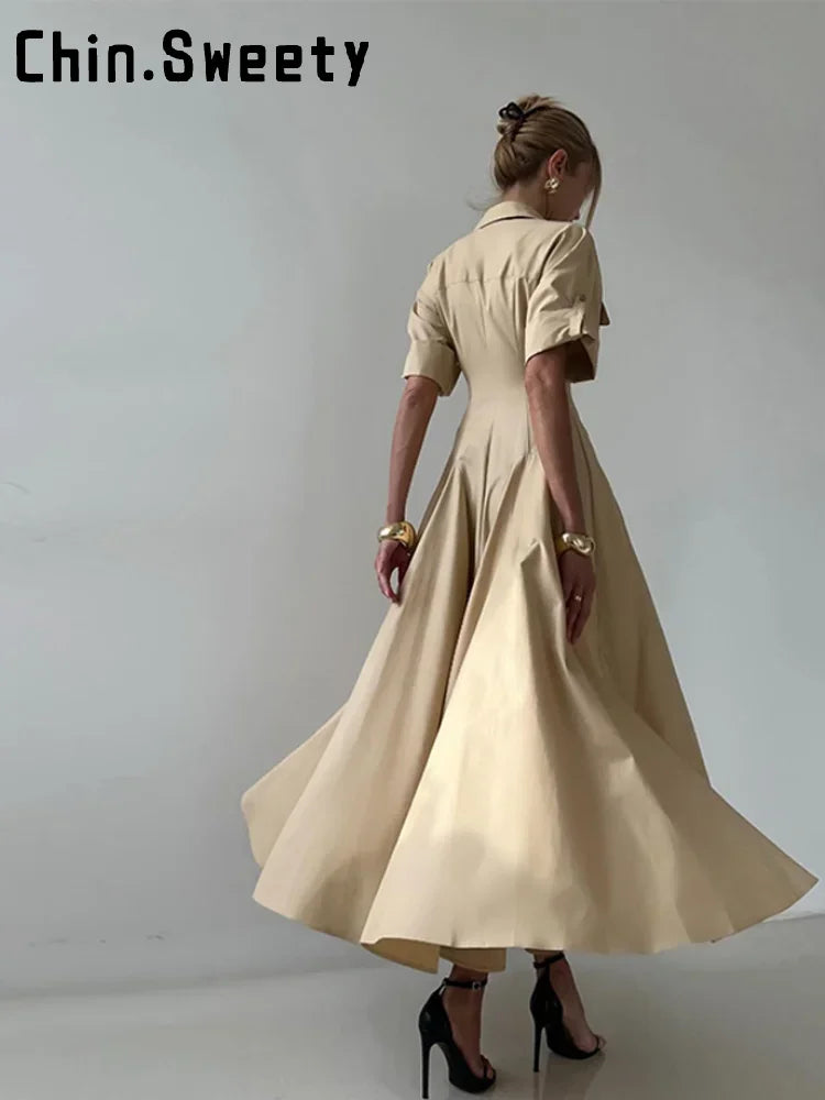 Elegant Single Breasted Khaki Long Dress Women Lapel Short Sleeve Pleat Slim Waist A-line Dresses 2025 Summer Autumn Lady Robes