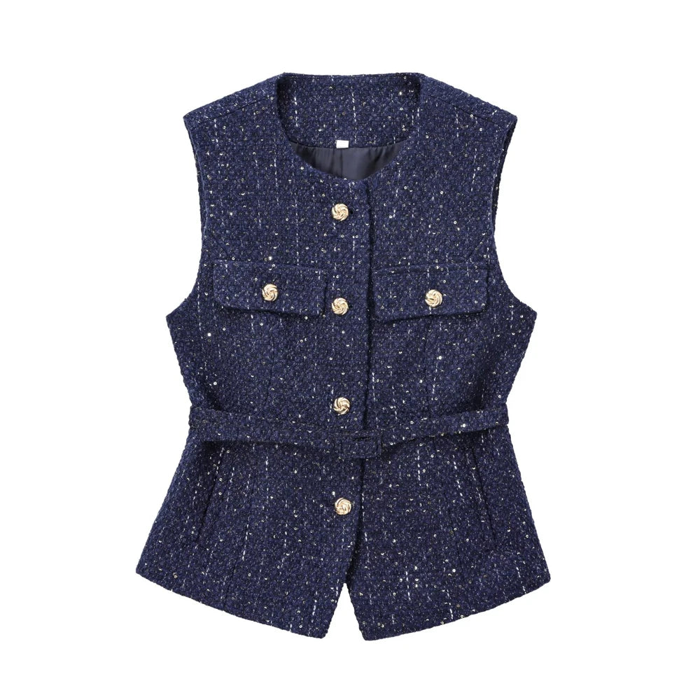 Women's Tweed Waistcoat with Belt, O Neck, Sleeveless, Front Button, Female Outerwear, Chic Tops, Fashion