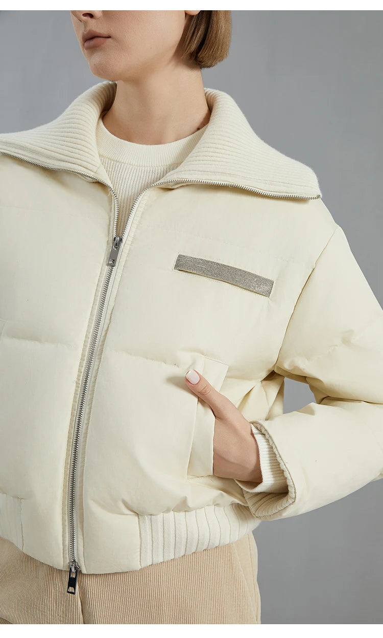 BC835 White goose down with large lapel warm zipper long-sleeved down jacket 100 cashmere warm coat