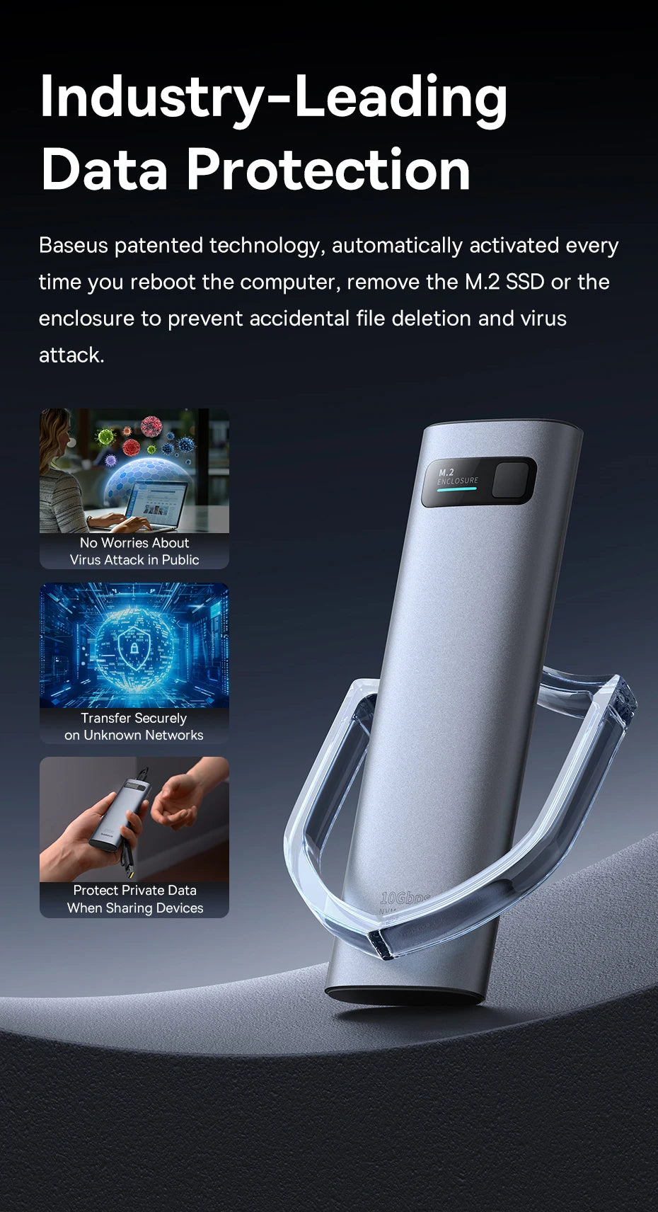 Baseus M2 SSD Case NVMe SATA Dual Protocol 10Gbps M.2 to USB Type C 3.2 Gen 2 Portable SATA NVMe External Enclosure SSD Box Case