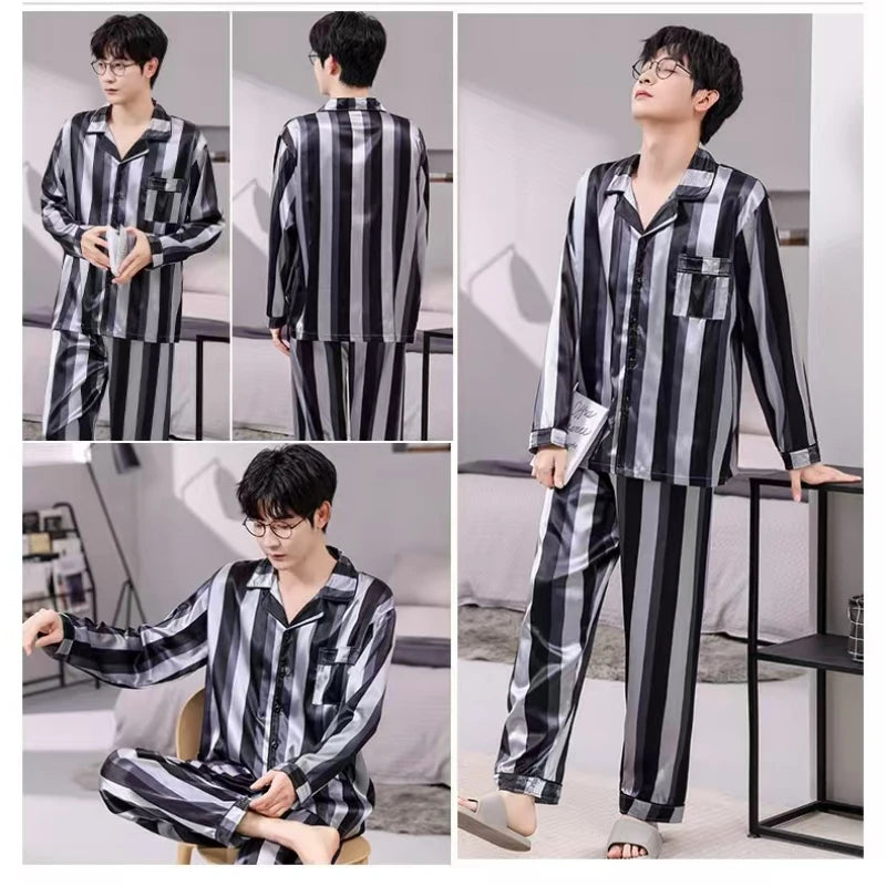 3XL-5XL 165KG Extra Large Size Pajamas Men Print Satin Long Sleeve Trouses Suit Spring Summer Fatty Fattening Loose Home Clothes
