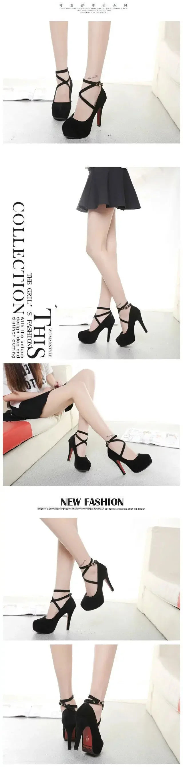 Women's Fashion High Heels round Toe Slip-On Cross Buckle Shoes Thin Heel Summer Rubber Sole Leather Micro Fiber Shoes