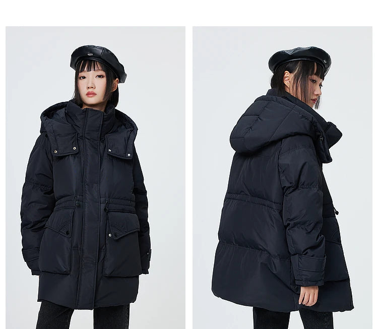 Metersbonwe Women's  Oversized Long Hooded Down Jacket Adjustable Pig Nose Buckle Waist Belt Utility Duck Down Parka Warm Winter