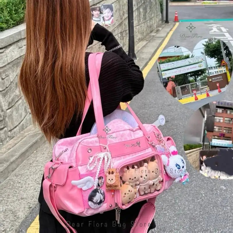 New Y2k Leopard Ita Shoulder Bag Lolita Girls Transparent Tote Bag Womens Large Capacity Crossbody Bag Cute DIY Display Handbags