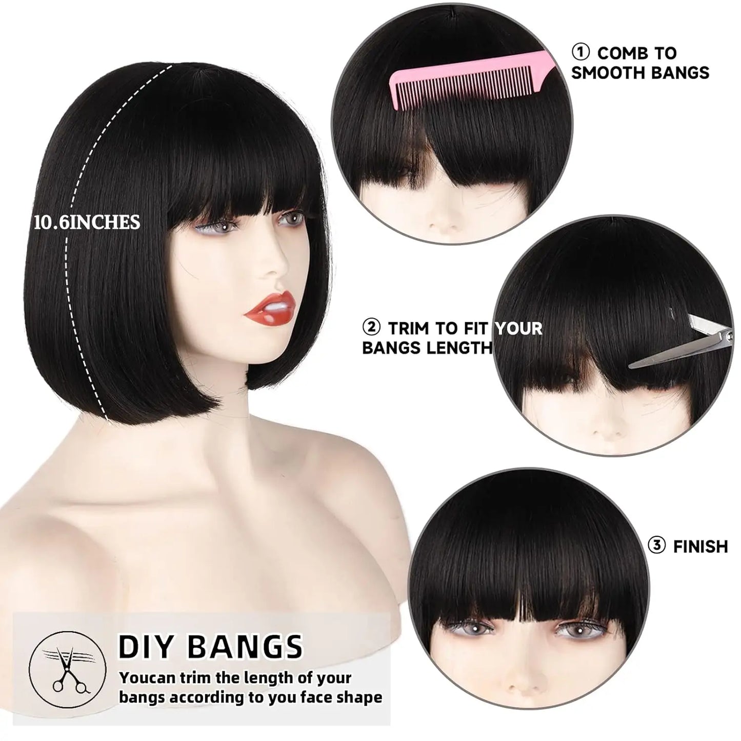 Synthetic 12 Inch Short Bob Black Wig With Bangs for Women Natural Looking Soft Hair Replacement Wigs Velma Kelly Halloween