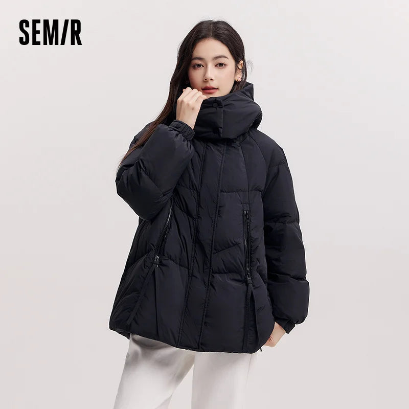 Semir Mid-Length Down Jacket Women Loose Fit Hooded Textured Coat 2025 New Winter Casual Warm Style