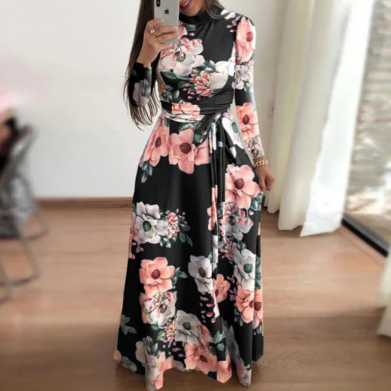 Women Summer Maxi Dress 2025 Casual Long Sleeve Boho Floral Print LOOSE Dress Turtleneck Bandage Elegant Party Dresses Vestidos