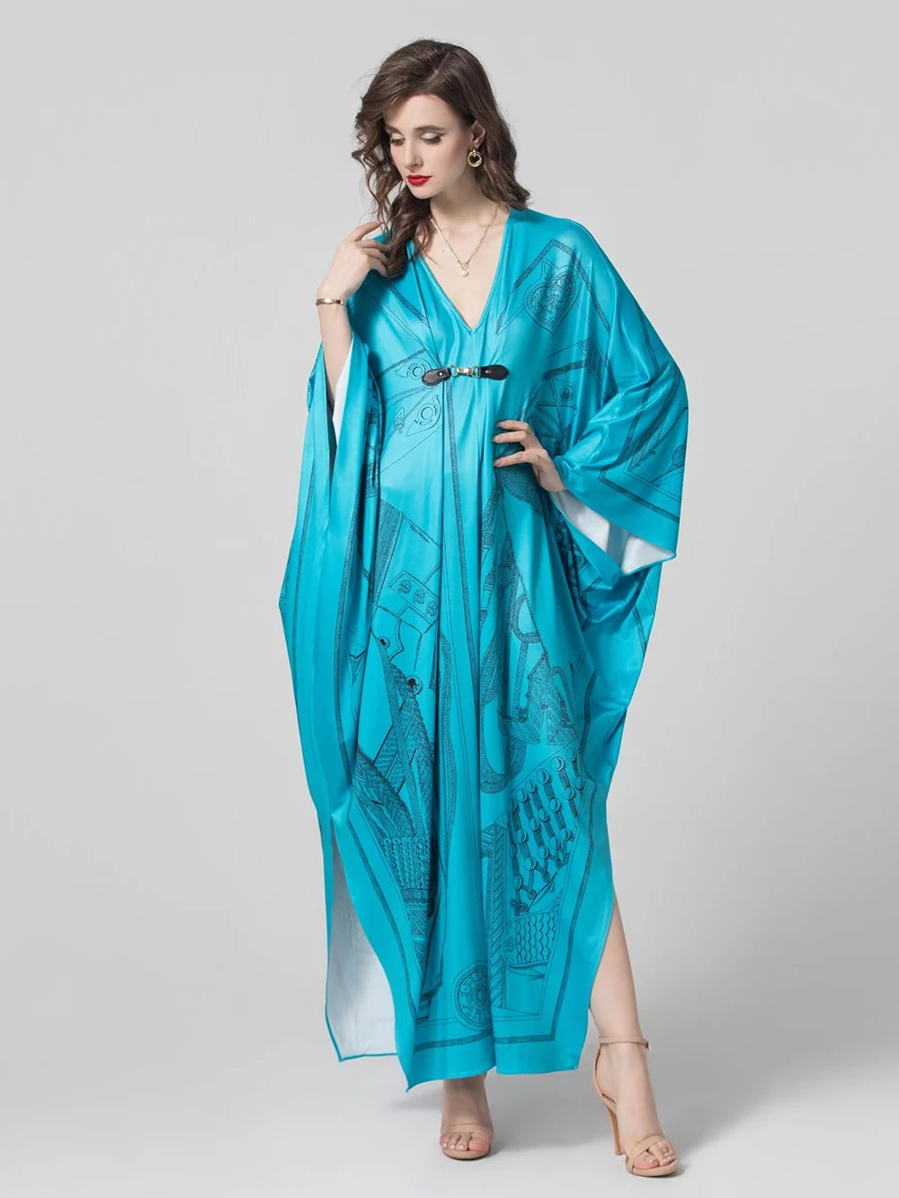 Women's Robes Sexy V Neck Batwing Sleeves Printed Loose Design Elegant Fashion Casul Long Dress Outerwear