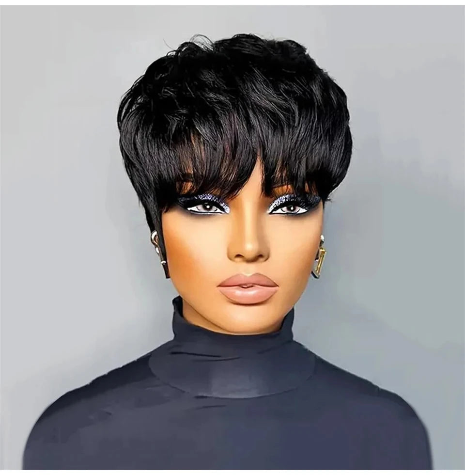 Short Pixie Cut Straight Human Hair Wig Remy Hair Human Hair Pixie Cut Wigs With Bangs Bob Wig Full Machine Made Wig Bob Wig