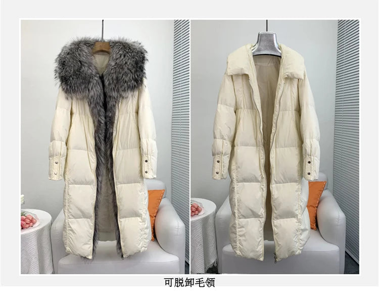 2025 New Winter Women Warm Coat 90% Goose Down Jacket Long Real Fox Fur Collar Thick Luxury Outerwear Female Coat Streetwear