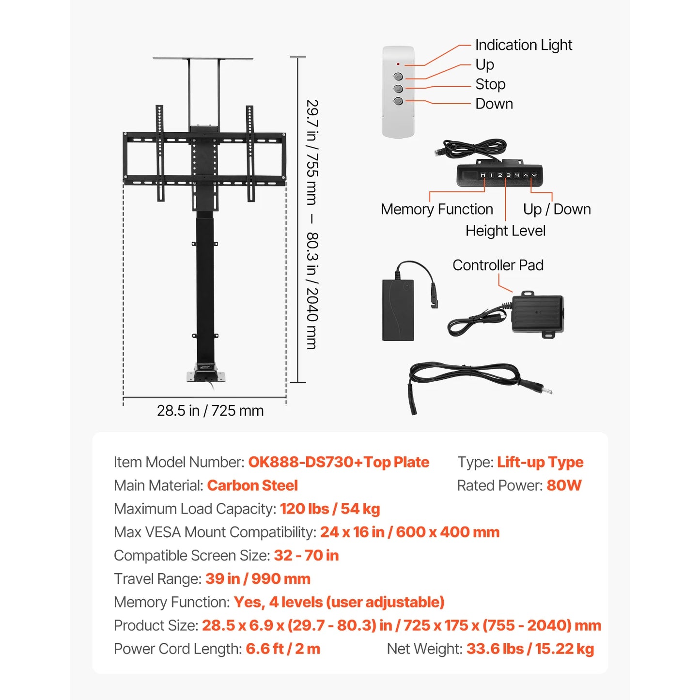 SucceBuy Motorized TV Wall Mount for 32 to 55/65/70 Inch Adjustable TV Mount Bracket w/ Max VESA 24 x 16/24 in Up to 88-132 lbs