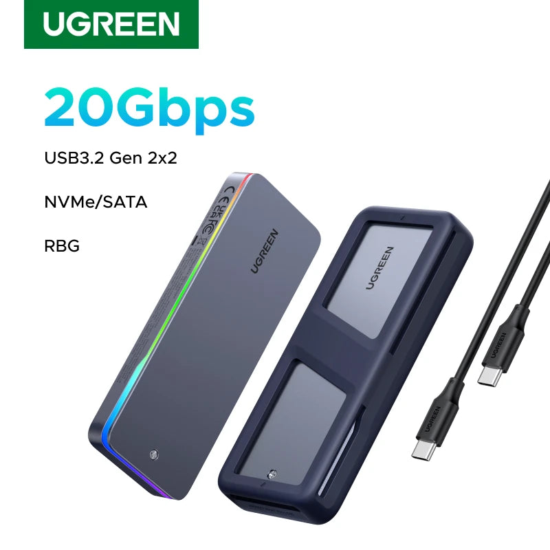 UGREEN 20Gbps M.2 SSD Case NVMe SATA SSD Enclosure Adapter USB 3.2 Gen2 External Enclosure Supports RGB Lighting effect
