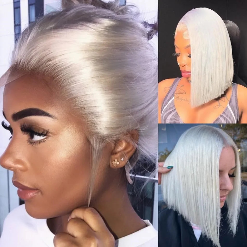 Platinum Blonde Short Bob Human Hair Lace Front Wigs for Women White Colored 60 Brazilian Straight Lace Closure Wigs Pre Plucked