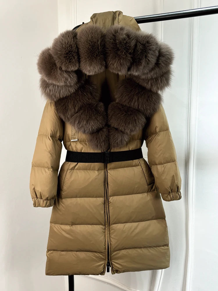 Lagabogy 2025 Winter Puffer Jacket Women Real Fox Fur Hooded Collar Thick Warm Long White Duck Down Coat Loose Luxury Outerwear