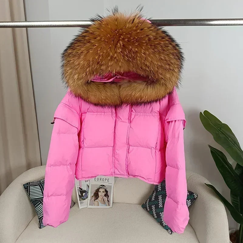 Outerwear Autumn Winter Women Hooded Fashionable Streetwear Detachable Sleeve Real Raccoon Fur Collar Jacket Duck Down Loose