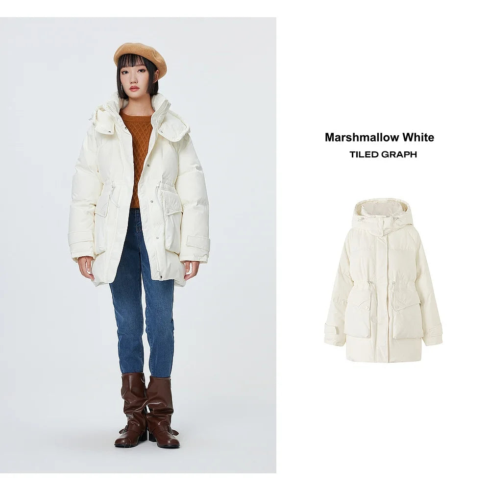 Metersbonwe Women's  Oversized Long Hooded Down Jacket Adjustable Pig Nose Buckle Waist Belt Utility Duck Down Parka Warm Winter