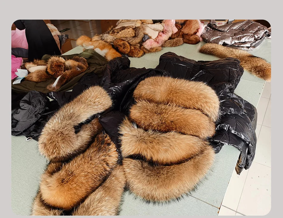 Maomaokong 2022 Women Winter Black Loose Long Down Jacket  Real Fox Fur Collar Hooded Fashion Waterproof Female Extra Large Coat