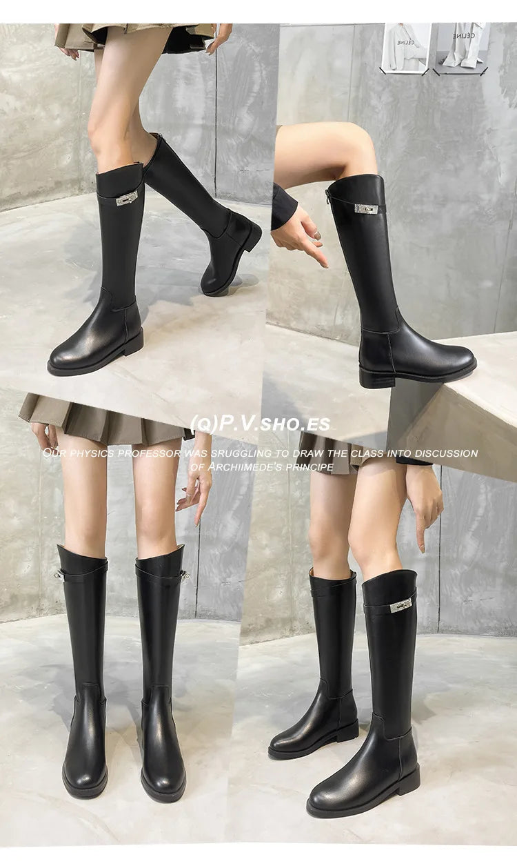 Genuine Leather Thick-Soled Autumn Winter New Style Chunky Heel Rhinestone Buckle High Tube Riding Over-The-Knee Long Boots