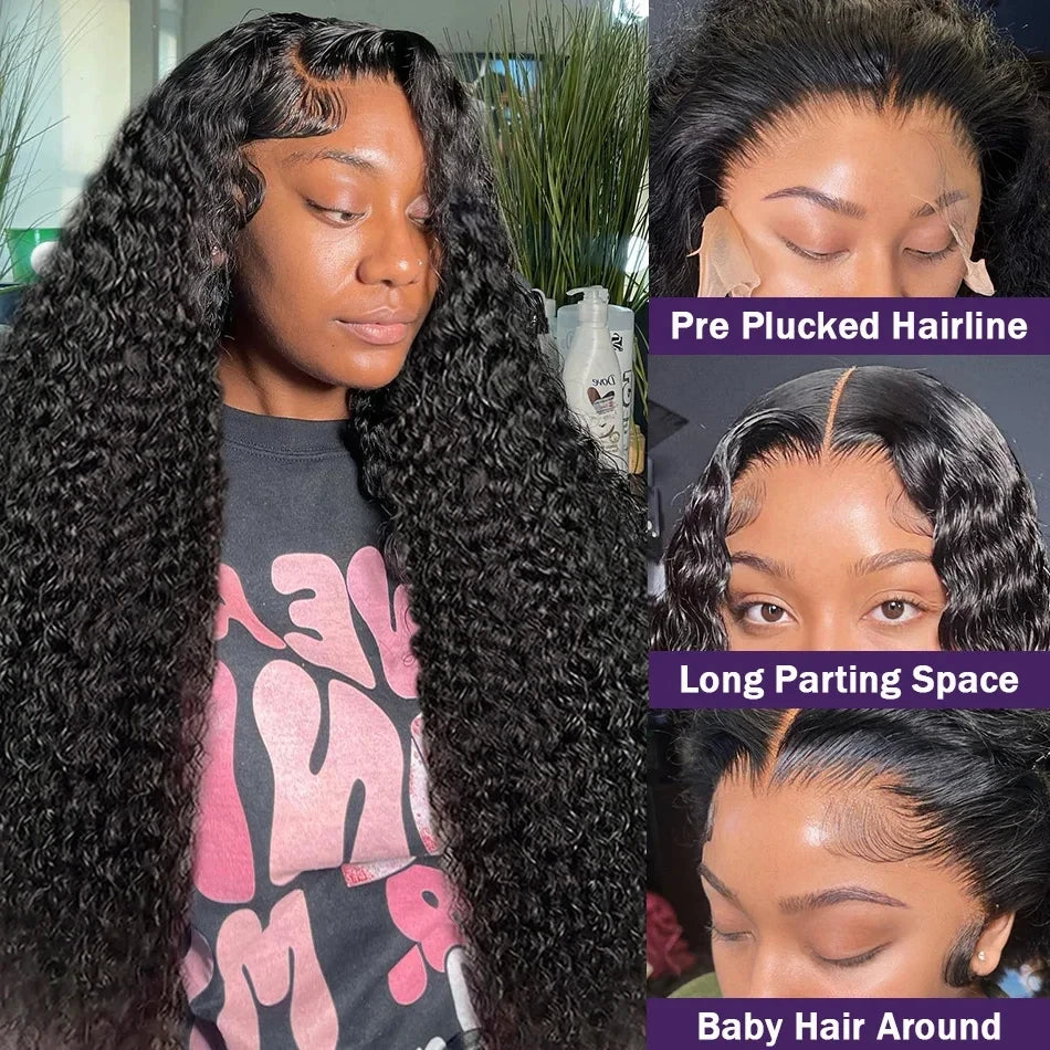 13x6 Deep Wave Lace Front Wigs Human Hair 200% Density Curly Human Hair Wig for Women Natural Black HD Transparent Lace Frontal