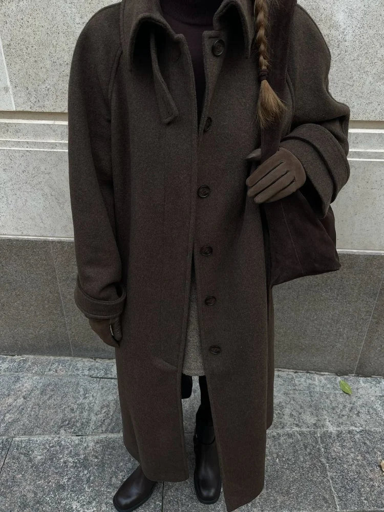 Stand Collar Single Breasted Woolen Lace Up Long Overcoat Women Elegant Full Sleeves Button Pockets Coats New Autumn Winter Tops