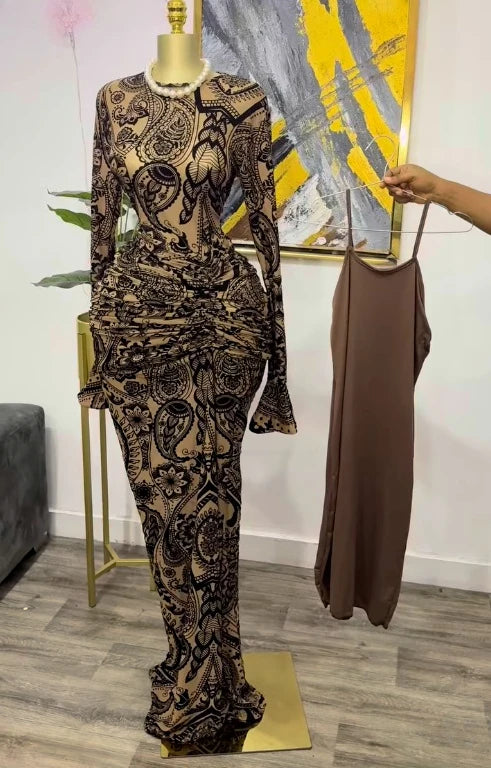 CM.YAYA Women Long Sleeve Stacked Mesh See Though with Lining Bodycon Long Dress 2025 Autumn Evening Birthday Sexy Party Dresses