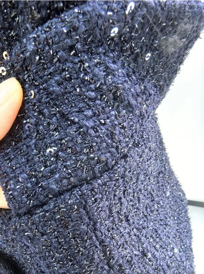 Maxi Formal Luxury Evening Dresses Women Summer Autumn Single Breasted Crystal Satin Tweed Long Dress Blue Party Dinner Vestidos