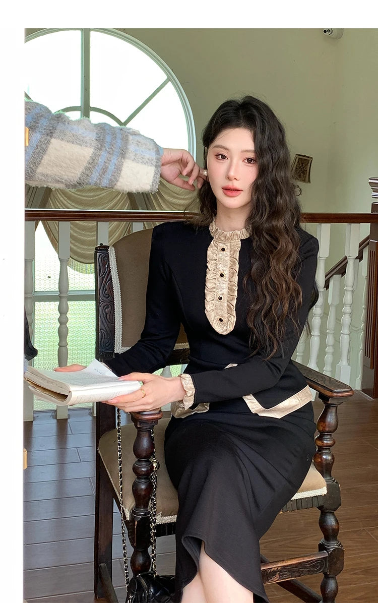 Women Clothes Black Vintage Outfits Elegant Ruffle O-Neck Tops Shirt Blouse And High Waist Midi Skirt Mujer 2 Pieces Set Formal
