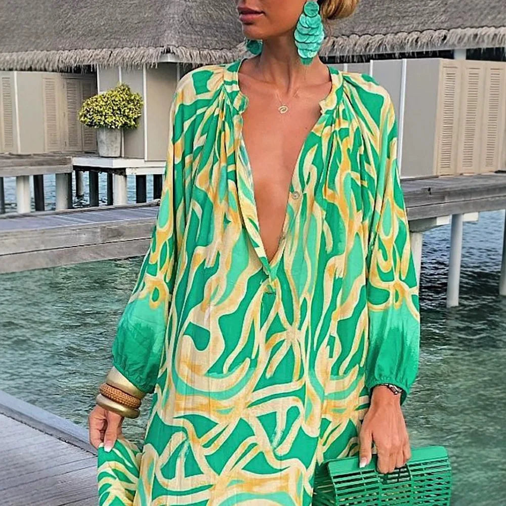 Women Maxi Dresses Summer Long Sleeve V-Neck Dress Fashion Printed Female Vacation Beach Long Dress Lady Elegant Loose  Robes