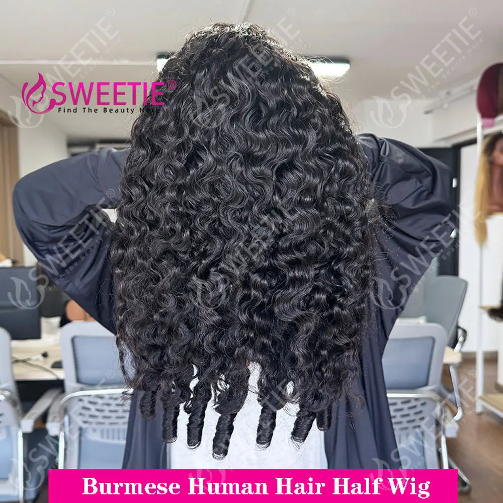 12A Glueless Burmese Pixie Curly Human Hair Wigs Flip Over Wig With Drawstring Curly Wig Invisible Hairline 3 In 1 Half Wigs