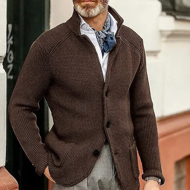 Sweaters Cardigan Men Coat Stand Collar Knitted Open Stitch Full Sleeve Splice Single Breasted Sweater Coats Autumn Winter