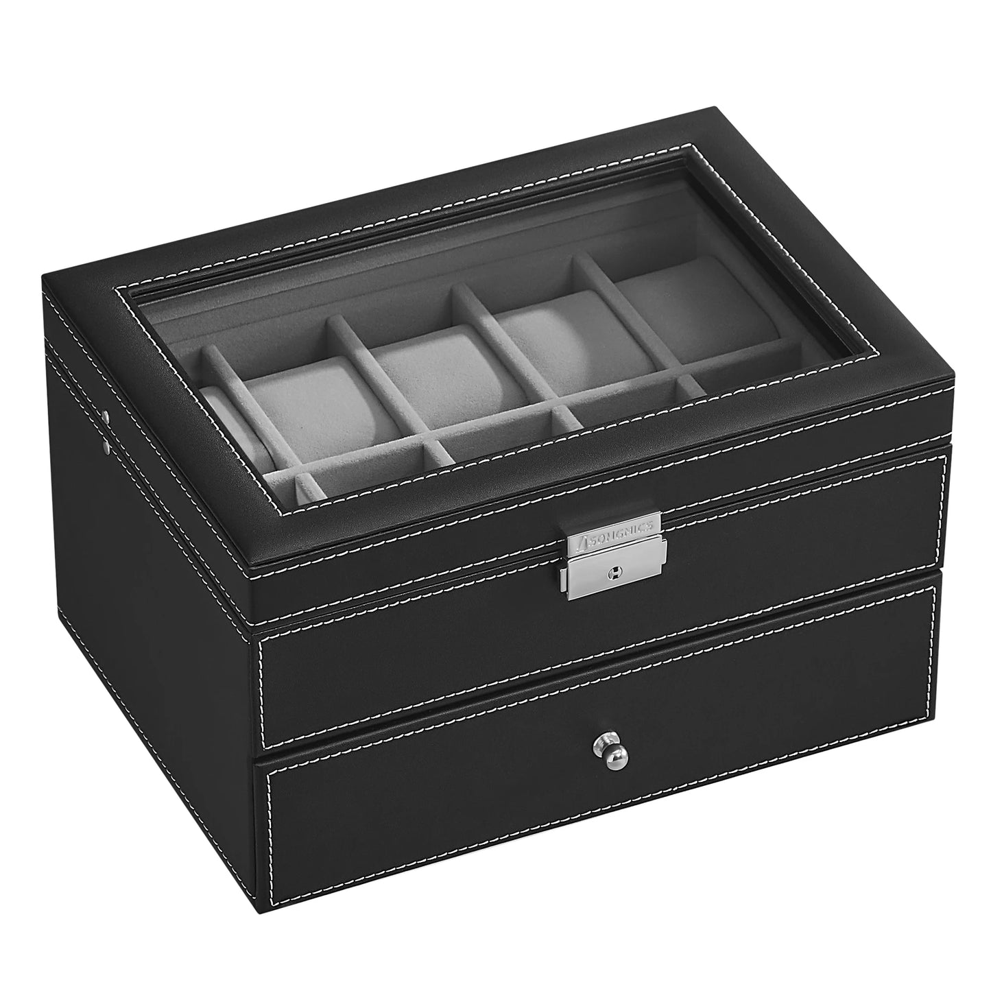 SONGMICSHOME Watch Box Black Synthetic Leather 20-Slot Watch Case with Glass Lid 2 Layers Lockable Watch Display Case