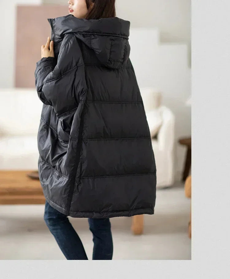 2024 New Winter Women 90% White Duck Down Jacket Casual Loose Over Size Warm Parka Female Drawstring Hooded Puffer Coat