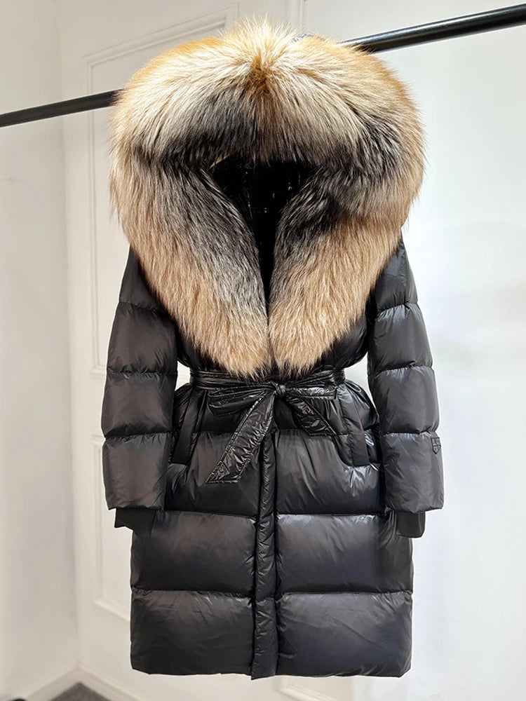 Janveny Winter Real Natural Fox Fur Hooded Long Puffer Down Jacket Women 90% Goose Down Coat Thick Warm Female Shiny Parkas