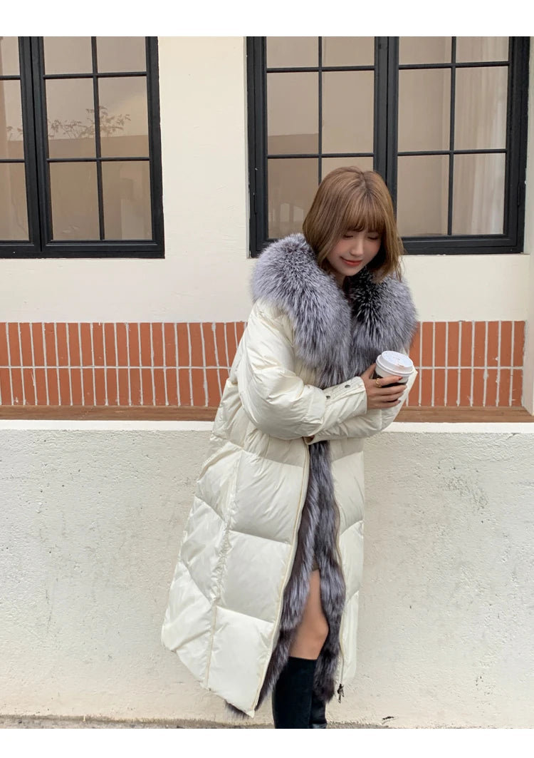 2025 New Winter Women Warm Coat 90% Goose Down Jacket Long Real Fox Fur Collar Thick Luxury Outerwear Female Coat Streetwear