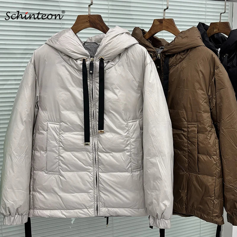 Schinteon Women's 90% White Duck down Jacket Casual Loose Oversize Autumn Winter Outwear with Hood Top Quality Coat 2025 New