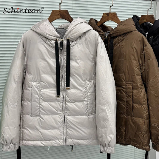Schinteon Women's 90% White Duck down Jacket Casual Loose Oversize Autumn Winter Outwear with Hood Top Quality Coat 2025 New