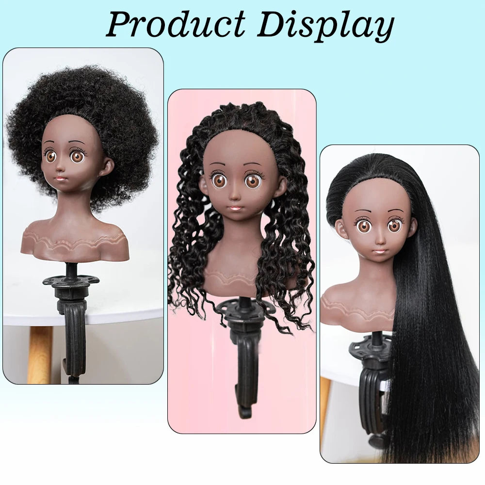 Real Human Hair Mannequin Head With Stand Afro Curly Hair Doll Manikin Head For Black Girls Gifts Practice Hair Styling Head