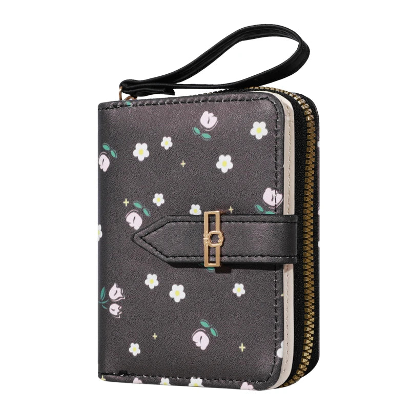 Flower patterned credit card holder for women or men's small card case with zipper hand-held wallet