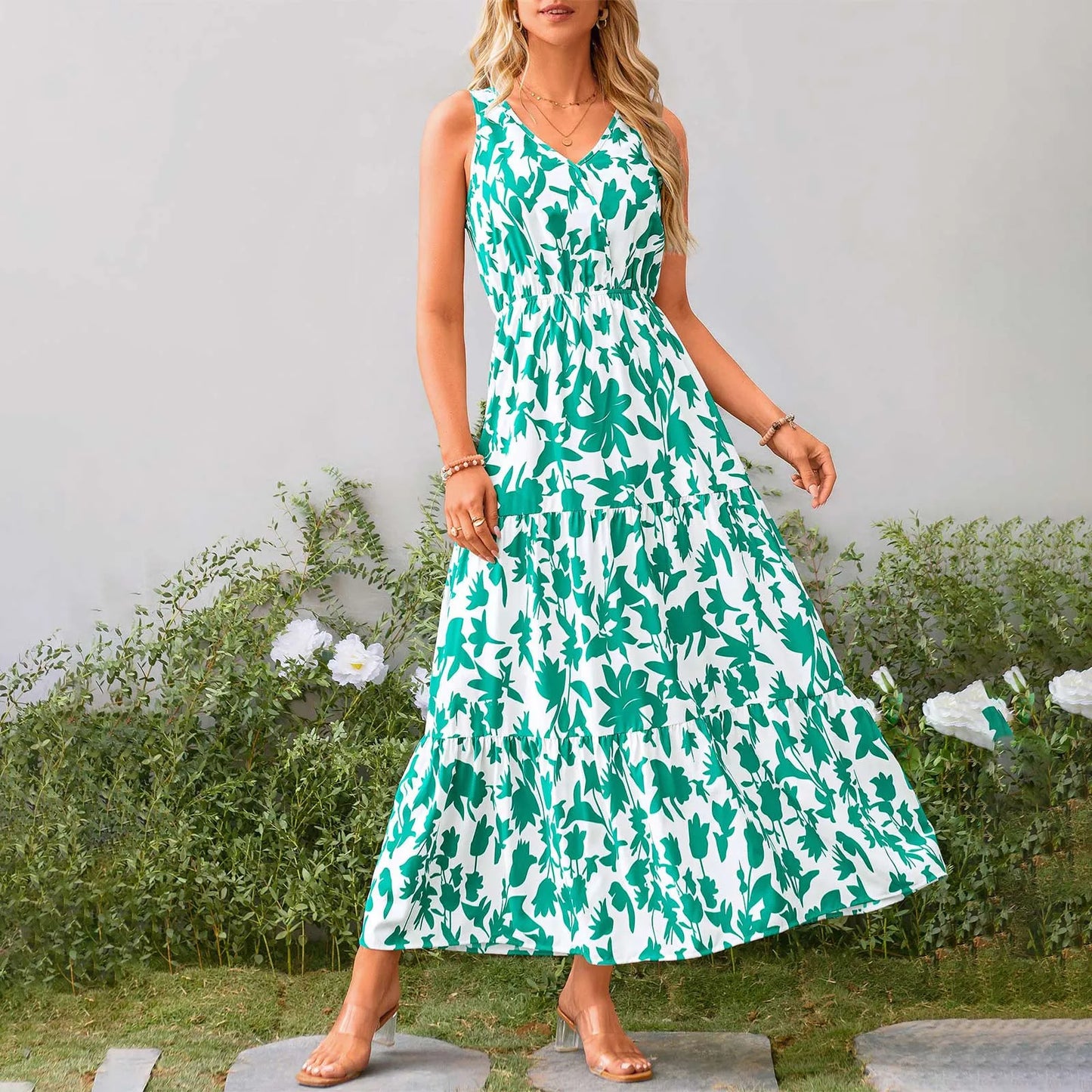 Maxi Dresses For Women Summer Tiered Ruffle Print Boho Beach Ladies Vestidos Evening Party Elegant Dress Vintage Long Dress