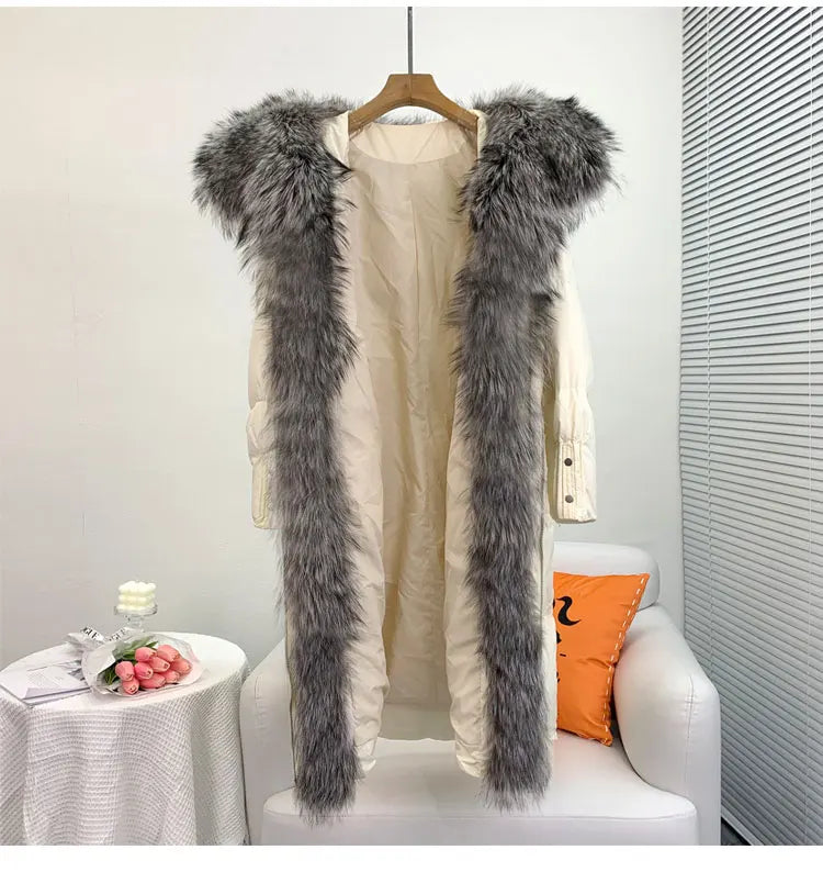 2025 New Winter Women Warm Coat 90% Goose Down Jacket Long Real Fox Fur Collar Thick Luxury Outerwear Female Coat Streetwear